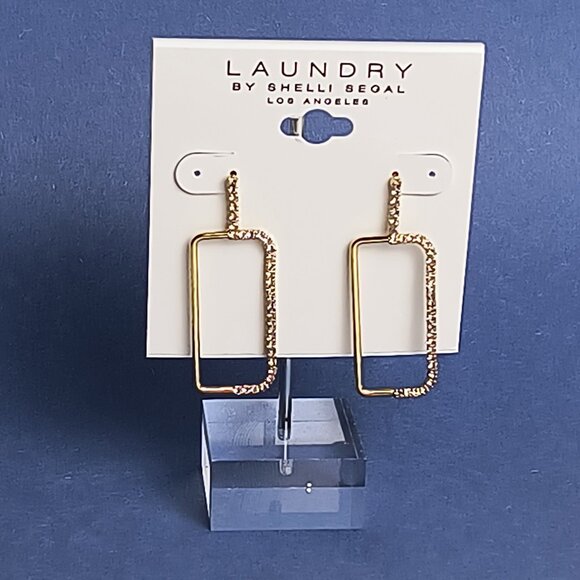 Push Back Rectangular Framed Dangle Earrings Rhinestone Gold Tone Lightweight - Picture 1 of 5